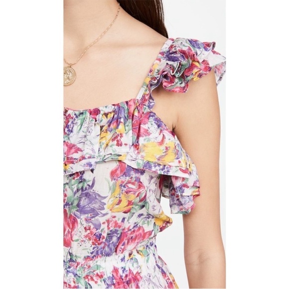 LOVESHACKFANCY Silk Cotton Floral Ruffle Trim Square Neck Mini Dress S - Picture 9 of 9